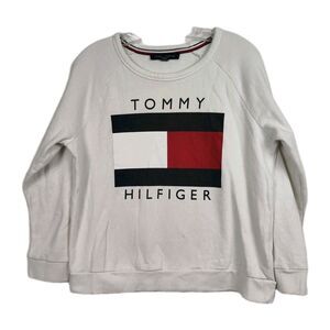 Tommy Hilfiger Sweatshirt Women's L White Crew Neck large Logo Long Sleeves